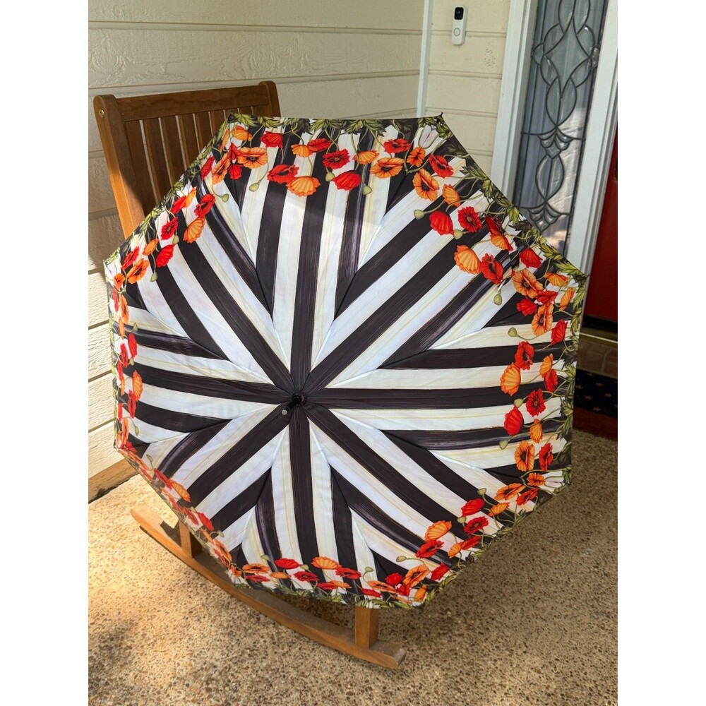 MacKenzie-Childs Flower Market Stick Umbrella Black White Floral w/ Logo Handle